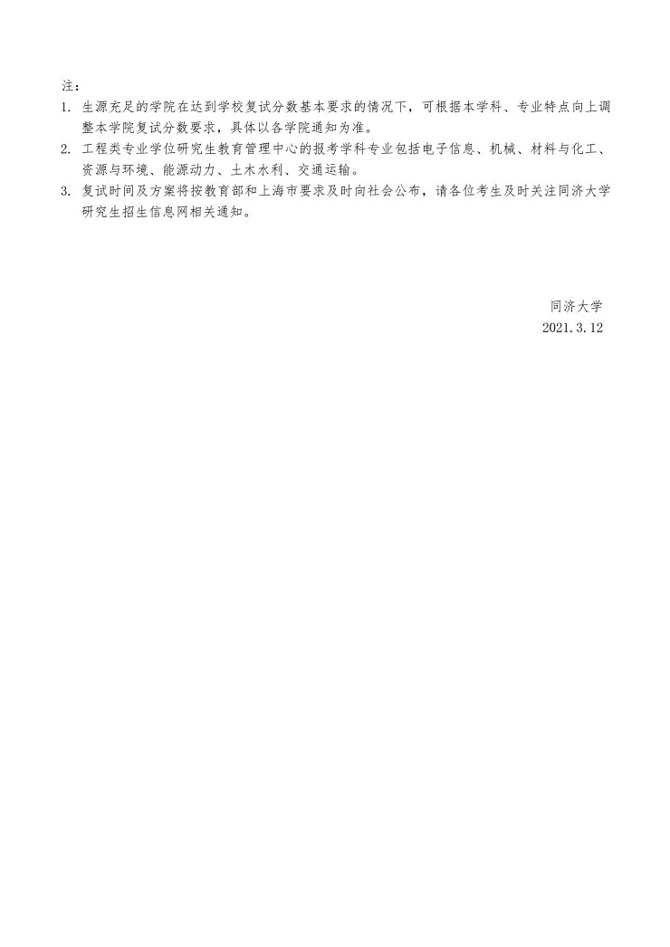 同濟(jì)大學(xué)2021年考研復(fù)試分?jǐn)?shù)線公布！