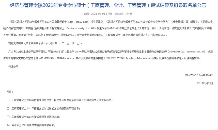 2021年武漢大學MBA復試結果和擬錄取名單