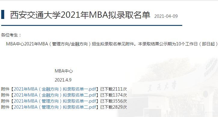 2021年西安交通大學MBA復試結果和擬錄取名單?