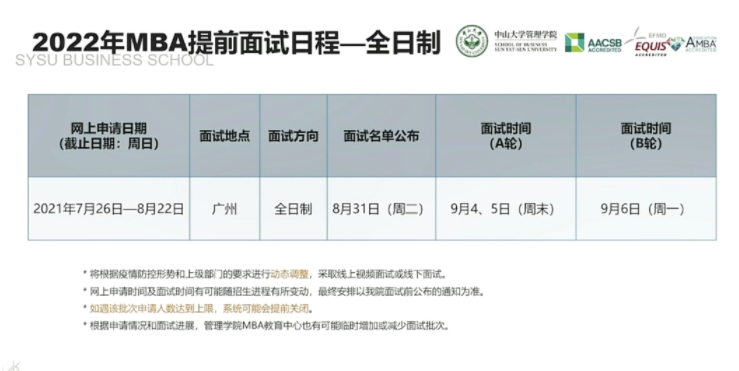 2022年中山大學(xué)管理學(xué)院MBA提前面試日程（各批次時(shí)間）安排