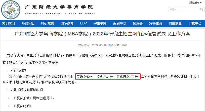 2022年廣東財經大學MBA復試分數線公布！